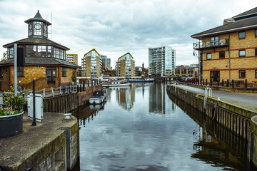 Waterside apartments at Limehouse Basin Marina in London. UK, April 6 2017