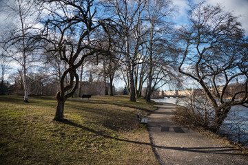 Spring view with a path and trees at a icy lake at the Djurgården island