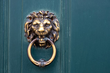 Golden door knocker in the shape of lion with ring on a wooden door