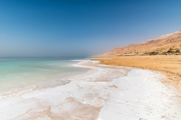 White salt crystals at Dead sea shore, Middle east, Jordan