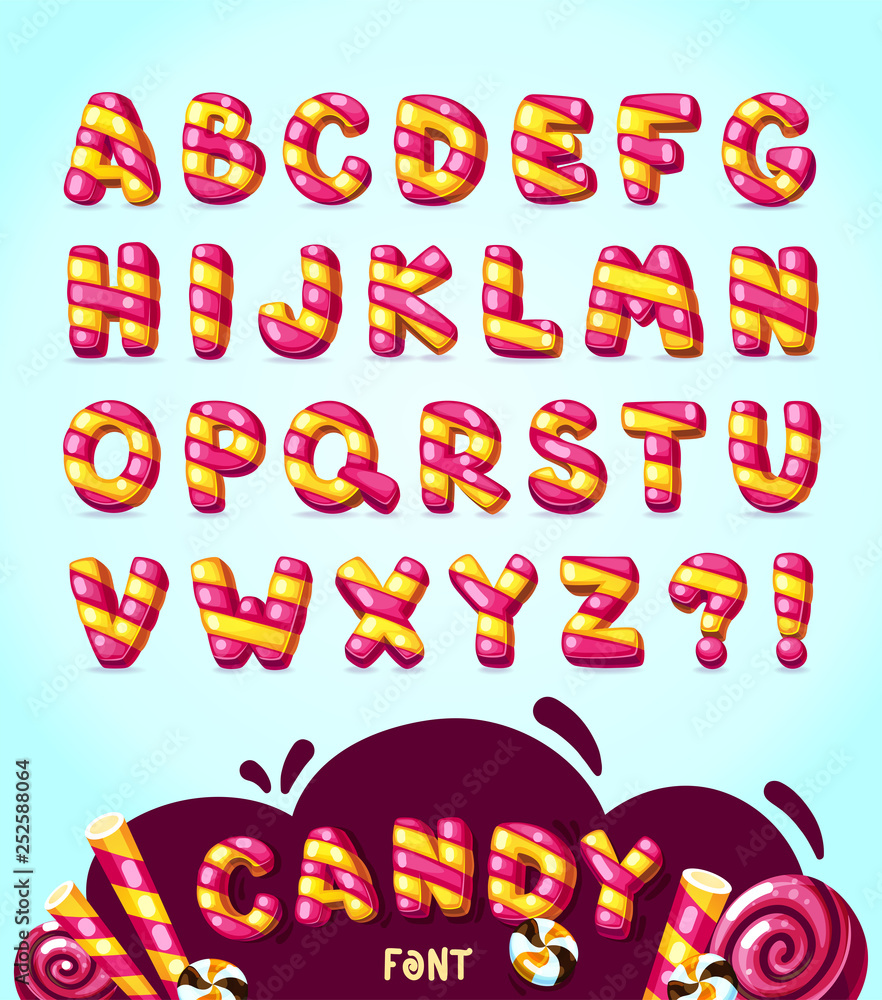 Wall mural Candy cartoon font. Vector strips bubble letters set