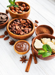 Cocoa beans, butter and chocolate