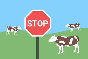 Grazing Cow and cattle on pasture as dangerous animal - warning sign in the countryside.  Vector illustration