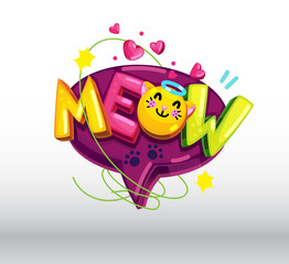 Meow cat emoji speech bubble color letters cartoon illustration