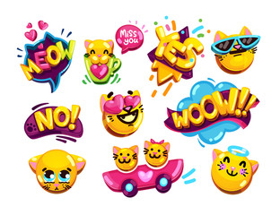 funny emoji set cats and inscriptions wow, yes, no, meow, miss you