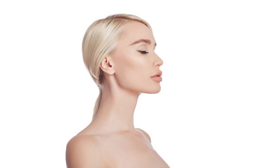 Woman perfect clean skin of face and body. Natural cosmetics, wrinkle smoothing removal, anti-aging cosmetics, skin moisturizing. Girl blonde on white background. Cosmetic for acne and skin irritation