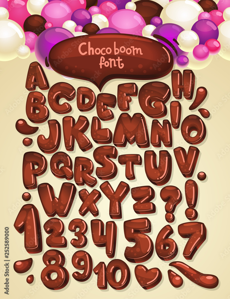 Wall mural chocolate boom vector font set. illustration collection brown letters and numbers