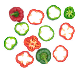Set of sliced  red bell pepper section pieces isolated over white background, view above