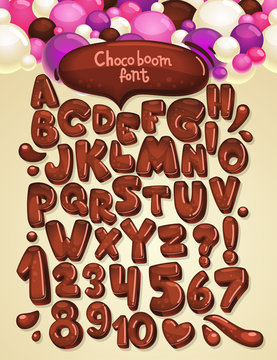 Chocolate Boom Vector Font Set. Illustration Collection Brown Letters And Numbers