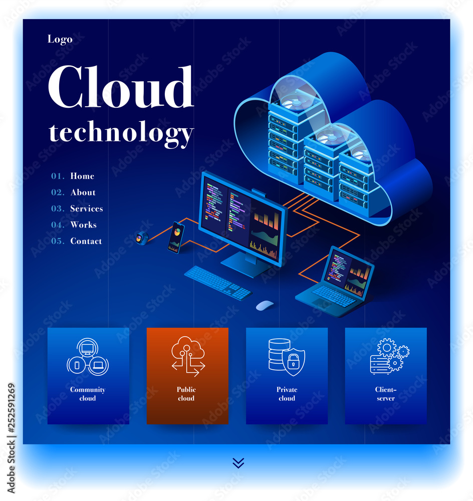 Poster cloud technology website. concept of a landing page for data center. website providing the service o