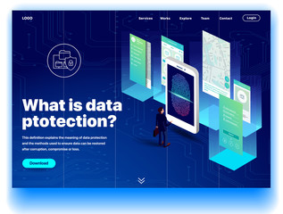Website providing information service what is data protection. Concept of a landing page for data protection. Vector website template with 3d isometric illustration of a protect device and person
