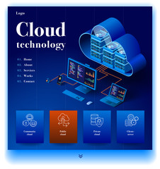 Cloud technology website. Concept of a landing page for data center. Website providing the service of modern cloud technology. Vector website template with 3d isometric illustration data center