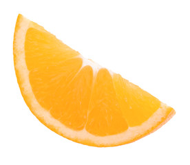 Top view of textured ripe slice of orange citrus fruit isolated on white background. 