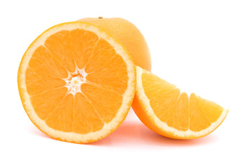 Top view of textured ripe slice of orange citrus fruit isolated on white background. 