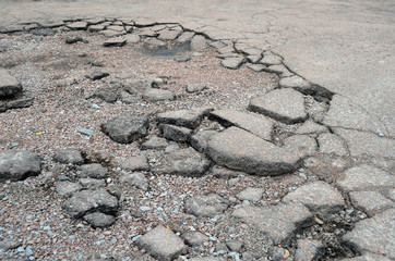 Poor condition of the road surface. Winter season. Hole in the asphalt, risk of movement by car, bad asphalt, dangerous road, potholes in asphalt.  Kiev,Ukraine