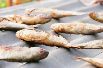 Dried grilled fish placed on zinc with sunlight