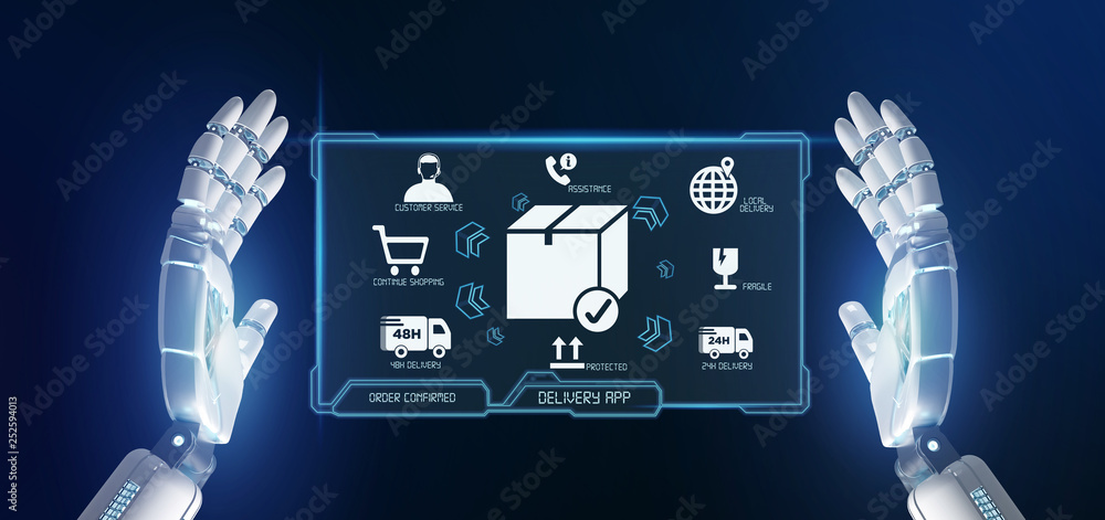 Poster cyborg hand holding a logistic delivery application screen 3d rendering