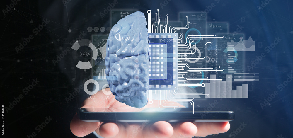 Poster business man holding artificial intelligence icon with half brain and half circuit 3d rendering