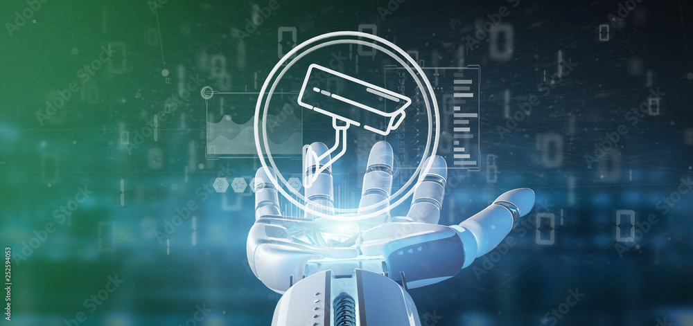 Poster cyborg holding security camera system icon and statistics data - 3d rendering