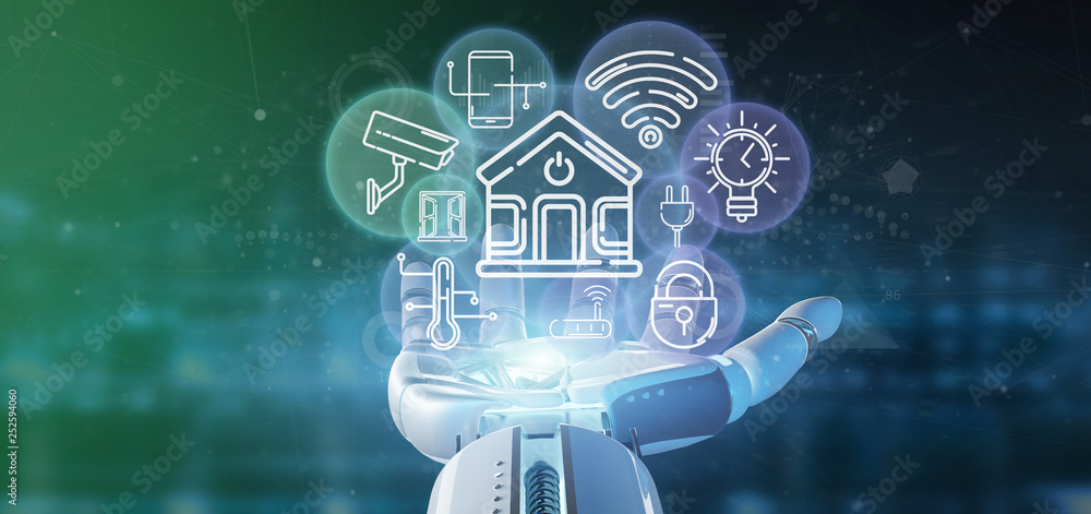 Poster cyborg holding smart home interface with icon, stats and data 3d rendering