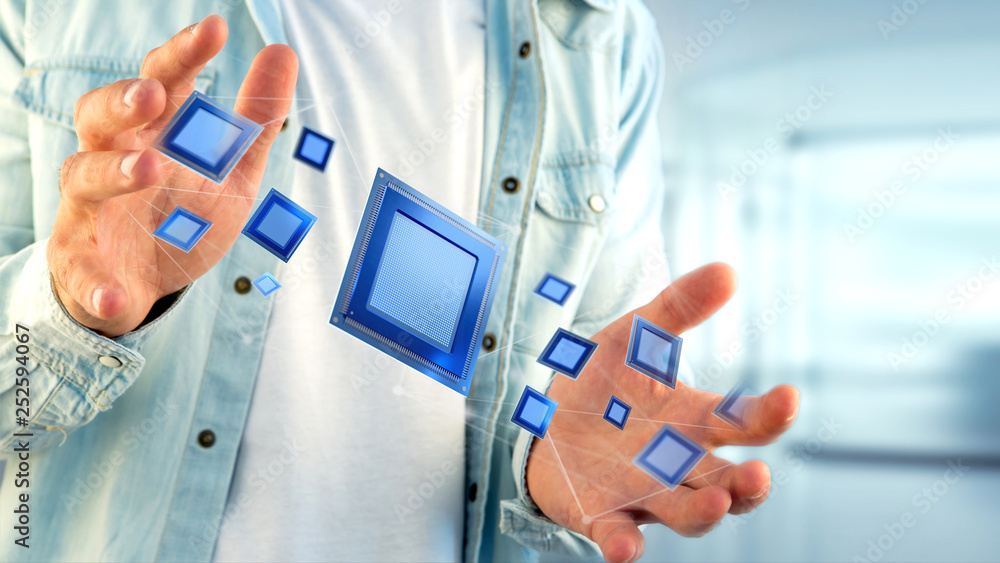 Poster processor chip and network connection - 3d render