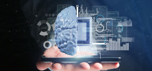 Business man holding artificial intelligence icon with half brain and half circuit 3d rendering