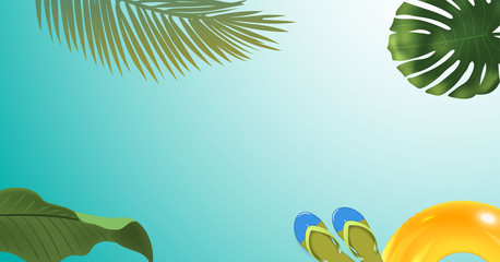 Fototapeta na wymiar green palm leaf branches and other beach elements on bright blue background.