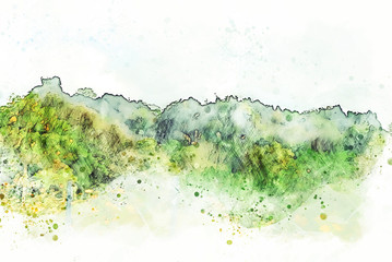 Obraz premium Abstract color mountain peak and tree watercolor illustration painting background.