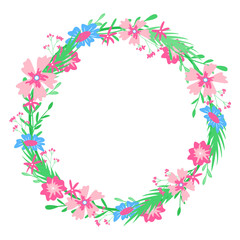 Round floral frame. Hand-drawn vector illustration. Spring colors.