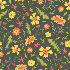 Hand-drawn floral seamless pattern. Vector botanical illustration.