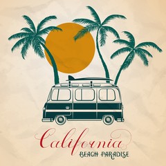 Summer vector illustration of retro bus and surf bord with palm trees