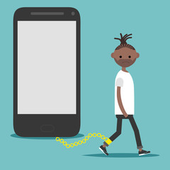 Social problem smartphone addiction.Nomophobia.Young character on the chain on the phone.Flat cartoon illustration with space for your text.clip art