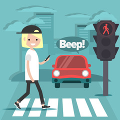 Young character crossing the street on red light.Nomophobia.honking car.flat cartoon illustration.clip art