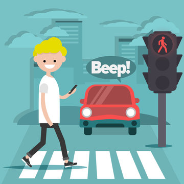 Young character crossing the street on red light.Nomophobia.honking car.flat cartoon illustration.clip art