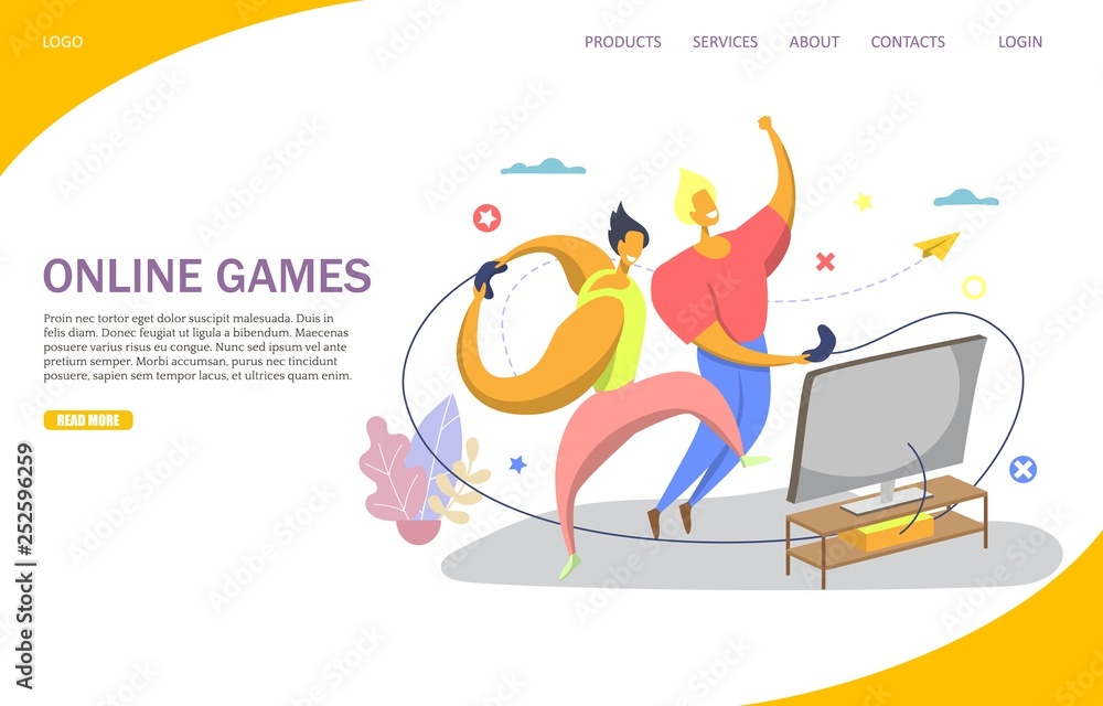 Poster online games vector website landing page design template
