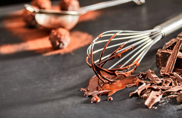 Used metal whisk coated in melted chocolate