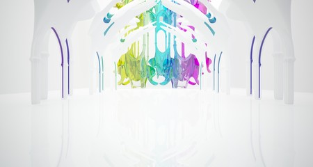 Abstract white and colored smooth gradient glasses gothic interior. 3D illustration and rendering.