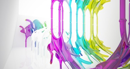 Abstract white and colored smooth gradient glasses gothic interior. 3D illustration and rendering.