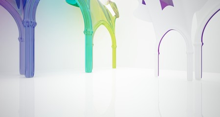 Abstract white and colored smooth gradient glasses gothic interior. 3D illustration and rendering.