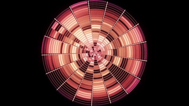 Abstract red circle devided into sectors rotating and shimmer endlessly on black background. Glittering circle with blinking lines spinning, seamless loop.
