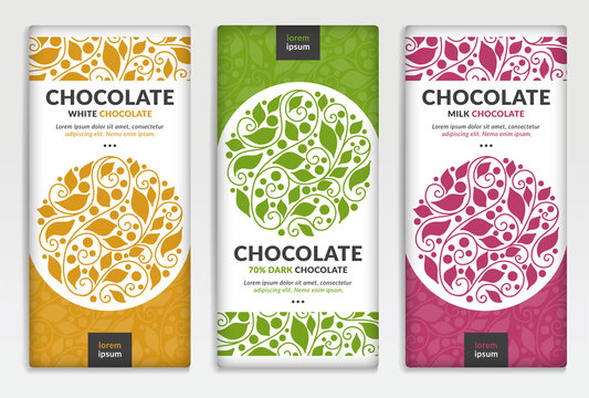 Colorful packaging design of chocolate bars. Vintage vector ornament template. Elegant, classic elements. Great for food, drink and other package types. Can be used for background and wallpaper.
