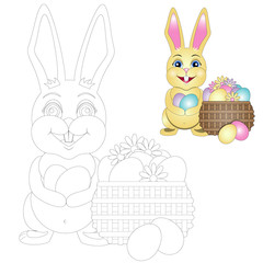 vector coloring page Easter Bunny with a basket of Easter eggs