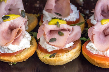 Close up, ham and cheese tapa