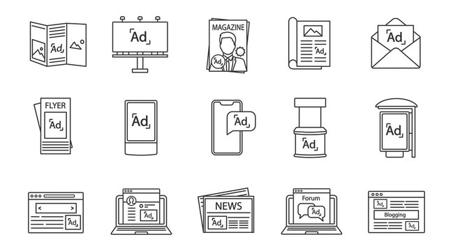 Advertising channels linear icons set