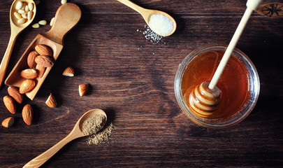 Charlotte with apples and nuts. Preparation of apple baking with nuts and honey. Dessert baked...