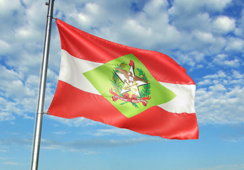 Santa Catarina state of Brazil flag waving sky background 3D illustration