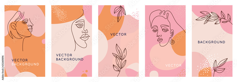 Aufkleber Vector set of abstract creative backgrounds in minimal trendy style with women face portrait in one line with copy space for text - design templates for social media stories and bloggers - simple, sty