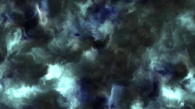 4k video of stormy blue and cyan clouds in a nebula in space, slowly moving, forming and dissolving, 4k, 3840p, 24fps