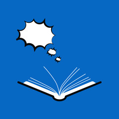 Open book with dialog speech bubble isolated on blue background. Vector modern flat icon. 