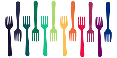 Cutlery fork icons pattern background. Colorful rainbow fork silhouettes